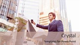  Presentation with taxi cabs new york city - Slides featuring man catch mobilphone - businessman catching taxi in city background and a  colored foreground