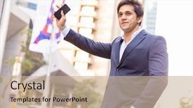  Presentation with taxi - PPT theme consisting of man catch mobilphone - businessman catching taxi in city background and a  colored foreground