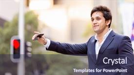  Presentation with taxi - Slide set with man catch mobilphone - businessman in suit catching taxi background and a tawny brown colored foreground