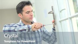  Presentation with man door - Beautiful presentation design featuring man changing a door handle backdrop and a gray colored foreground