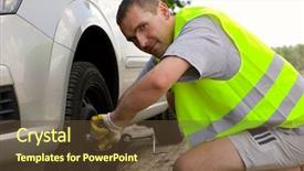 Presentation with tire - Audience pleasing PPT theme consisting of man changing a wheel backdrop and a tawny brown colored foreground