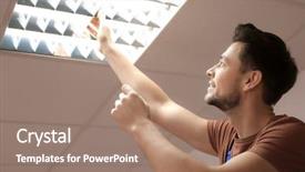  Presentation with light bulb - Colorful presentation design enhanced with man changing light bulb backdrop and a coral colored foreground