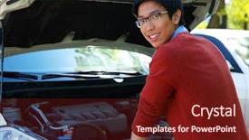  Presentation with asian nurse helps a man - Beautiful slide set featuring man checking his car engine backdrop and a tawny brown colored foreground