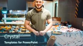  Presentation with grocery store - Audience pleasing PPT theme consisting of man-choosing-fresh-chilled-fish backdrop and a ocean colored foreground