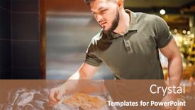  Presentation with grocery store - Presentation design consisting of man-choosing-fresh-chilled-fish background and a coral colored foreground