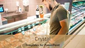  Presentation with grocery store - Presentation design consisting of man-choosing-fresh-chilled-meat background and a coral colored foreground