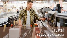  Presentation with electronics - Amazing PPT theme having man-choosing-microwave-in-electronics backdrop and a tawny brown colored foreground