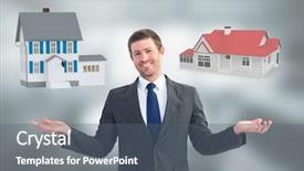  Presentation with composite - Colorful PPT layouts enhanced with man choosing or deciding house backdrop and a gray colored foreground