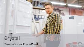  Presentation with electronics - Presentation theme having man-choosing-refrigerator-in-electronics background and a light gray colored foreground