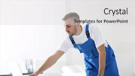  Presentation with office cleaning - Audience pleasing PPT theme consisting of man cleaner cleaning in office backdrop and a light gray colored foreground