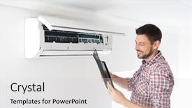  Presentation with conditioner - Audience pleasing theme consisting of man cleaning air conditioner indoors backdrop and a light gray colored foreground