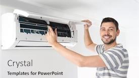  Presentation with conditioner - Cool new slides with man cleaning air conditioner indoors backdrop and a lemonade colored foreground