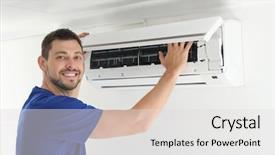  Presentation with conditioner - Theme enhanced with man cleaning air conditioner indoors background and a light gray colored foreground