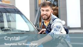  Presentation with car cleaning - Audience pleasing PPT theme consisting of man cleaning car with rag outdoors backdrop and a seafoam green colored foreground