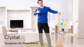  Presentation with floor care and cleaning services - Cool new PPT theme with man cleaning floor with broom backdrop and a lemonade colored foreground