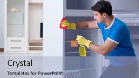  Presentation with hygiene - Presentation design with man cleaning fridge in hygiene background and a light blue colored foreground