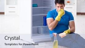  Presentation with fridge - Beautiful slide set featuring man cleaning fridge in hygiene backdrop and a lemonade colored foreground