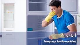  Presentation with fridge - Audience pleasing PPT theme consisting of man cleaning fridge in hygiene backdrop and a ocean colored foreground