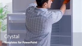  Presentation with hygiene - Cool new slide deck with man cleaning fridge in hygiene concept backdrop and a gray colored foreground