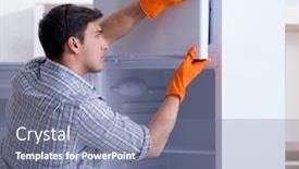  Presentation with hygiene - Colorful presentation theme enhanced with man cleaning fridge in hygiene concept backdrop and a seafoam green colored foreground