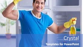  Presentation with hygiene - Slide set having man cleaning fridge in hygiene concept background and a teal colored foreground