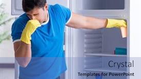  Presentation with hygiene - Beautiful PPT layouts featuring man-cleaning-fridge-in-hygiene backdrop and a teal colored foreground
