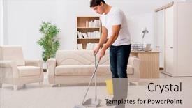  Presentation with cleaning - Beautiful presentation theme featuring man cleaning home with broom backdrop and a soft green colored foreground