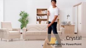  Presentation with home cleaning service - Slides having man cleaning home with broom background and a coral colored foreground