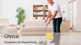 Presentation with cleaning - Theme having man cleaning home with broom background and a  colored foreground