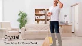  Presentation with cleaning - Colorful slides enhanced with man cleaning home with broom backdrop and a soft green colored foreground