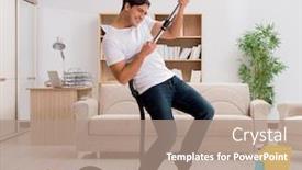  Presentation with home cleaning service - Colorful presentation theme enhanced with man-cleaning-home-with-vacuum backdrop and a coral colored foreground