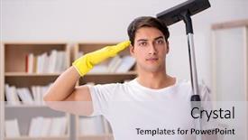  Presentation with home cleaning service - Cool new presentation theme with man cleaning home with vacuum backdrop and a sky blue colored foreground