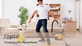  Presentation with cleaning service - Beautiful PPT theme featuring man cleaning home with vacuum backdrop and a soft green colored foreground