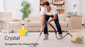  Presentation with cleaning - Audience pleasing slide set consisting of man cleaning home with vacuum backdrop and a soft green colored foreground