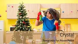  Presentation with young man on the phone - Theme featuring man cleaning kitchen after christmas background and a  colored foreground