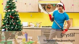  Presentation with christmas party - Amazing PPT theme having man cleaning kitchen after christmas backdrop and a  colored foreground