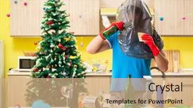  Presentation with christmas party - Audience pleasing slide set consisting of man cleaning kitchen after christmas backdrop and a  colored foreground
