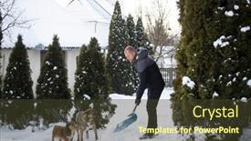  Presentation with cleaning day - Slide deck with man-cleaning-snow-with-shovel background and a tawny brown colored foreground
