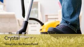  Presentation with cleaning services - Colorful presentation design enhanced with man cleaning the floor carpet backdrop and a yellow colored foreground