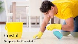  Presentation with helping man - Beautiful PPT layouts featuring man cleaning the house helping backdrop and a blonde colored foreground