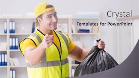  Presentation with office cleaning - Cool new PPT theme with man cleaning the office and holding garbage bag backdrop and a light gray colored foreground