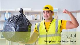  Presentation with office cleaning - Presentation theme consisting of man cleaning the office and holding garbage bag background and a yellow colored foreground