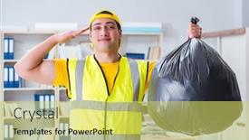  Presentation with office cleaning - Slide set consisting of man cleaning the office and holding garbage bag background and a yellow colored foreground
