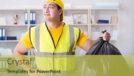  Presentation with office cleaning - Cool new presentation theme with man cleaning the office and holding garbage bag backdrop and a yellow colored foreground