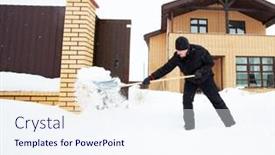  Presentation with snow shovel - Amazing PPT layouts having man cleans snow shovel near house backdrop and a sky blue colored foreground