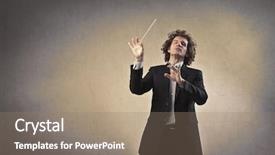  Presentation with orchestra - Presentation design having man conducting an orchestra background and a coral colored foreground