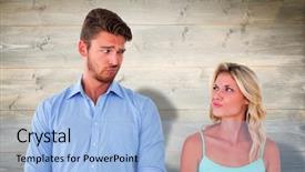  Presentation with bleached - Colorful PPT theme enhanced with man confuse - young couple making silly faces backdrop and a light blue colored foreground