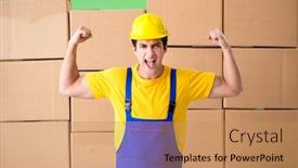  Presentation with contractor - Amazing PPT theme having man contractor working with boxes delivery backdrop and a coral colored foreground