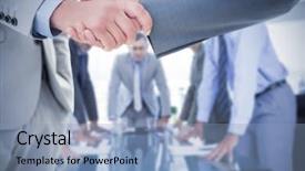  Presentation with handshake - Audience pleasing slide deck consisting of man conversation - business handshake against business colleagues backdrop and a light blue colored foreground