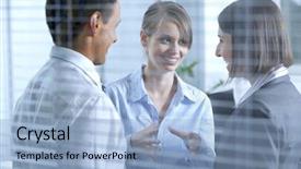  Presentation with people - Amazing PPT theme having man conversation - business people conversing in office backdrop and a  colored foreground